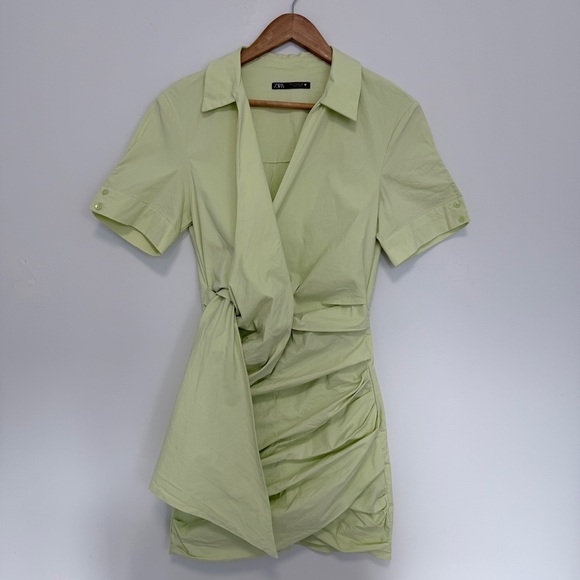 Zara Rushed Poplin Dress TRF in Apple Green - Picture 2 of 4